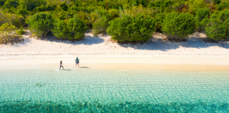 Check out these 5 secret beaches near Hobart Aerial view of a wild beach, with turquoise water on white sand with green shrubs in the background. Check out some of the secret beaches in Hobart by reading Playnia.